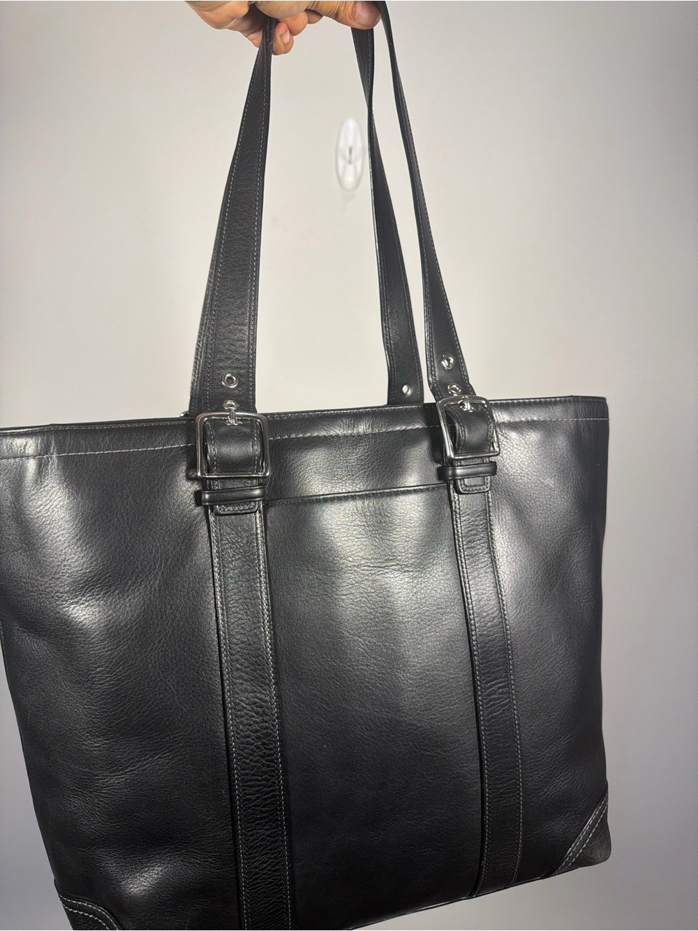 Coach Black Leather Large Tote Shoulder Bag Buckle Strap Work Bag